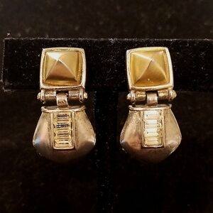 Roxanne Assoulin Gold Silver Crystal Baquette Clip Earrings